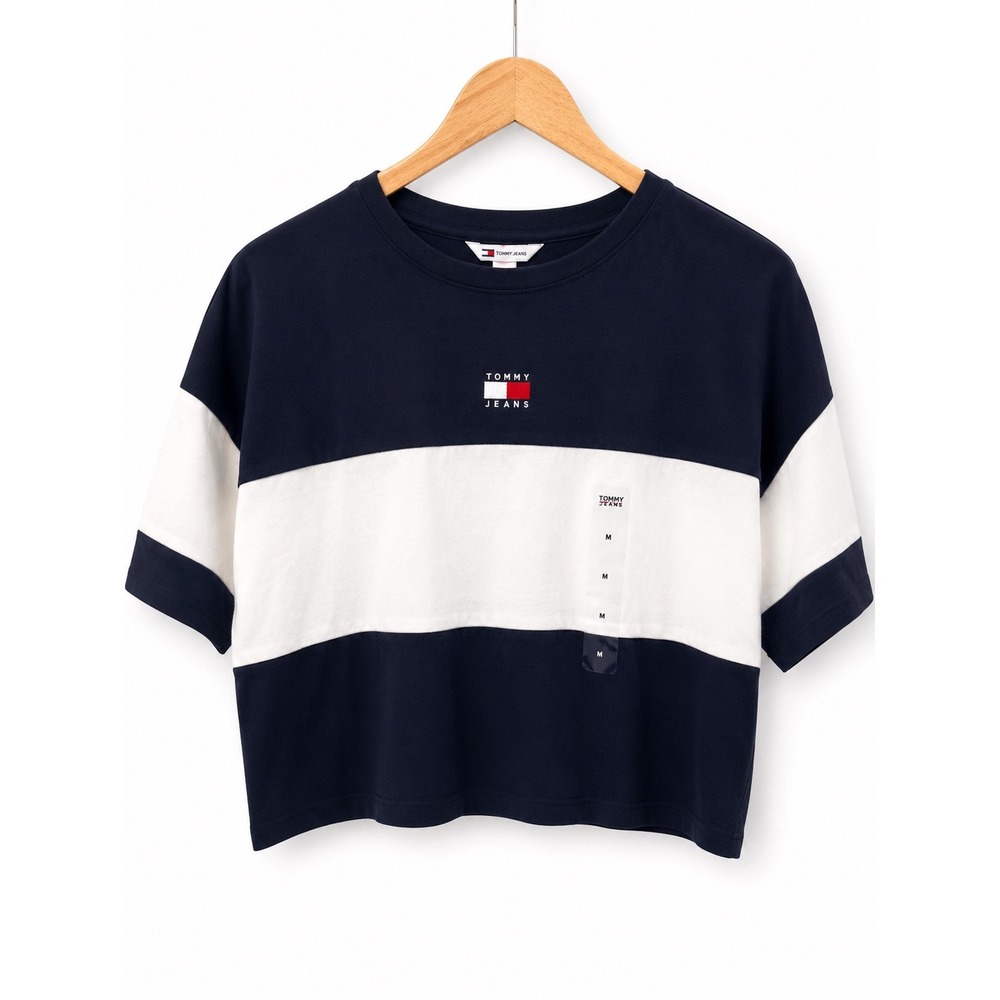 Tommy Jeans Womens Navy White Colorblock Cotton Cropped T-Shirt Logo M NWT